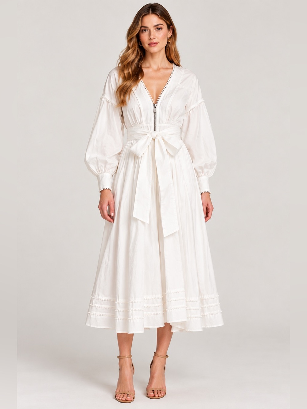 Marchesa Rosa White Poplin V-Neck Midi Dress Size 10 NWT